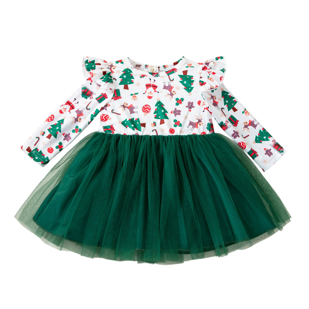 Christmas Printed Tulle Long Sleeve Dress for Girls, Holiday Party Dress with Tree Pattern