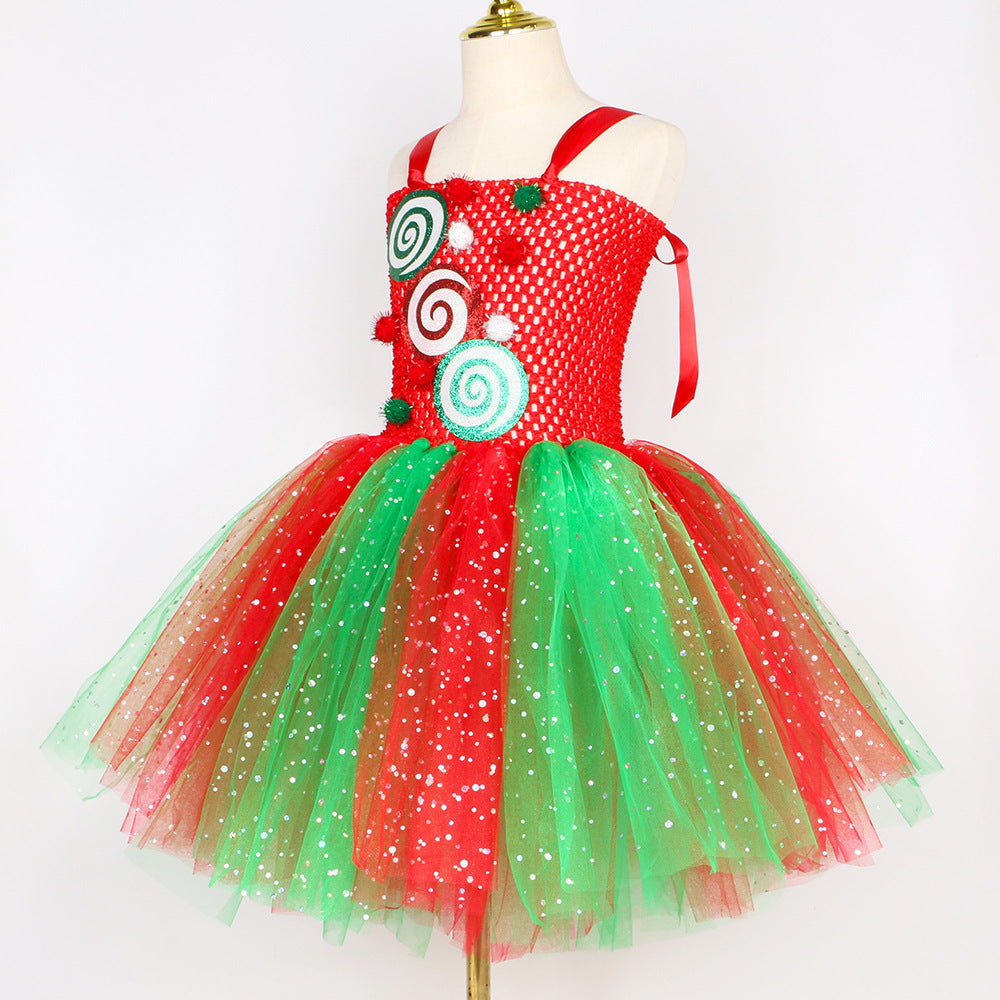 Christmas Elf Costume Girls Kids Red Green Candy Tulle Dress Holiday