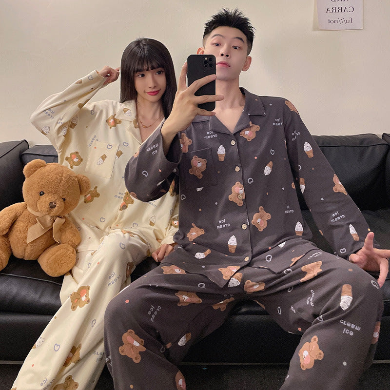 Two piece set of couple pajamas, lapel collar, couple home clothes