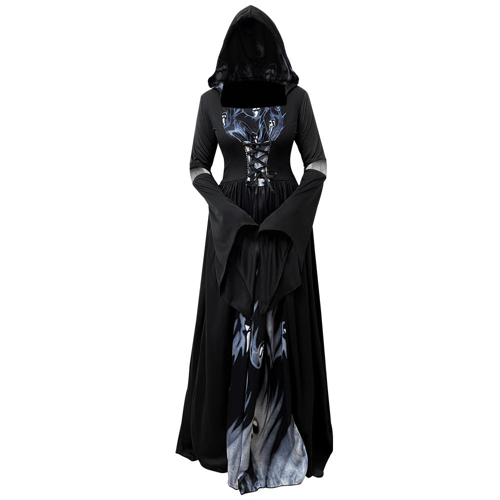 Hooded Skull Witch Wizard Dress for Women, front view on a white background