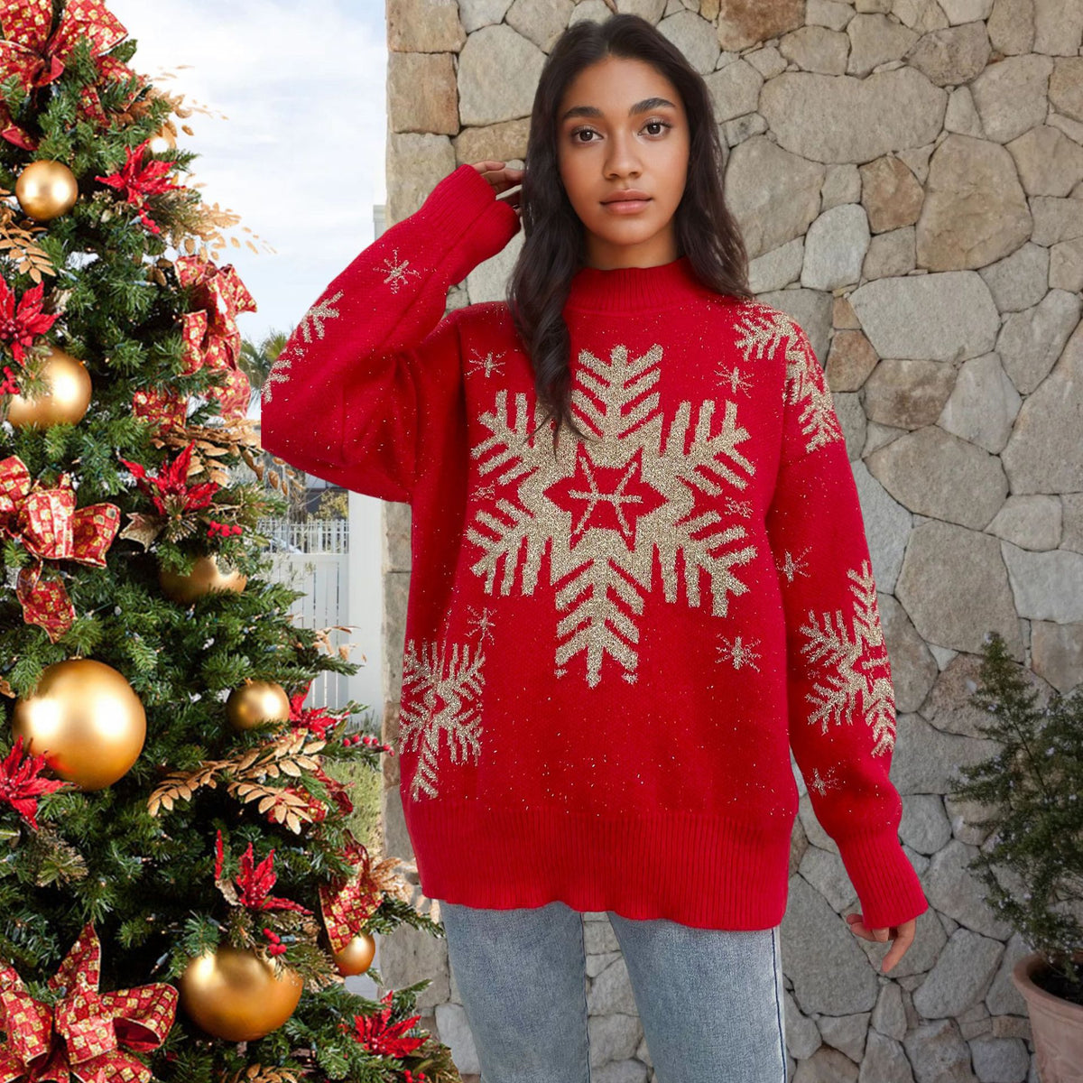 Christmas Golden Thread Deer Snowflake Sweater Female