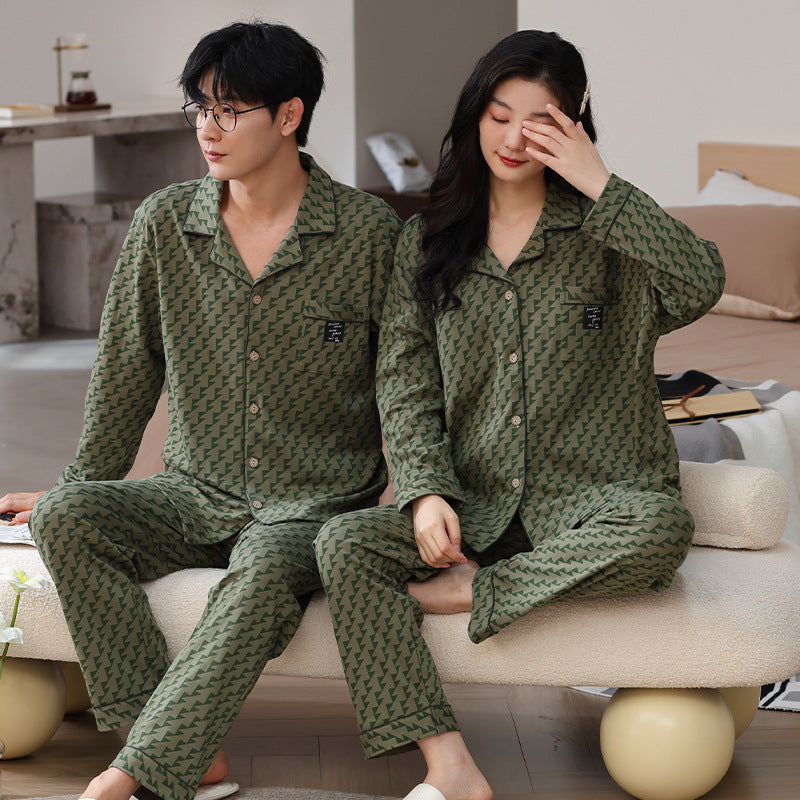 Two piece set of couple pajamas, lapel collar, couple home clothes
