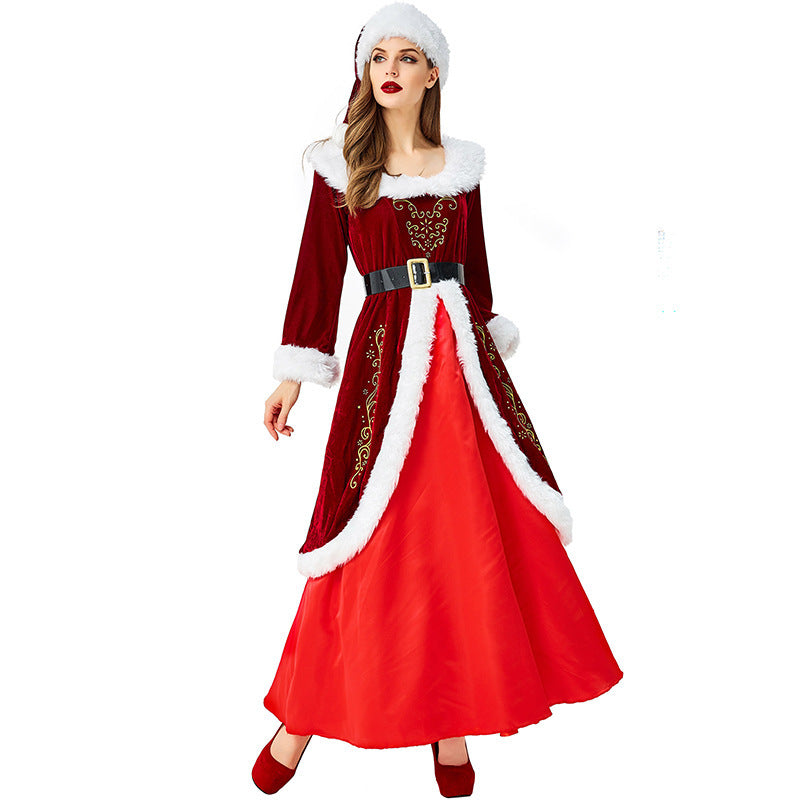 Christmas Queen Costume Wine Red Long Dress Parent Child Matching Holiday
