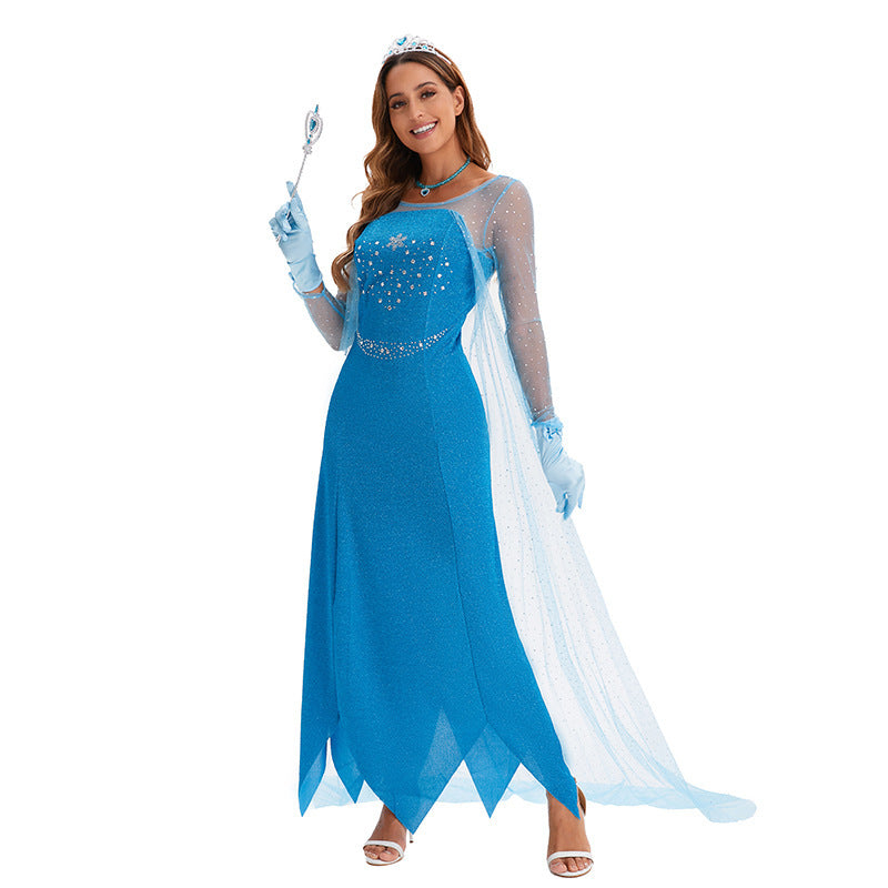 Frozen Elsa Costume Women Adult Blue Princess Dress Snow Queen Halloween Cosplay