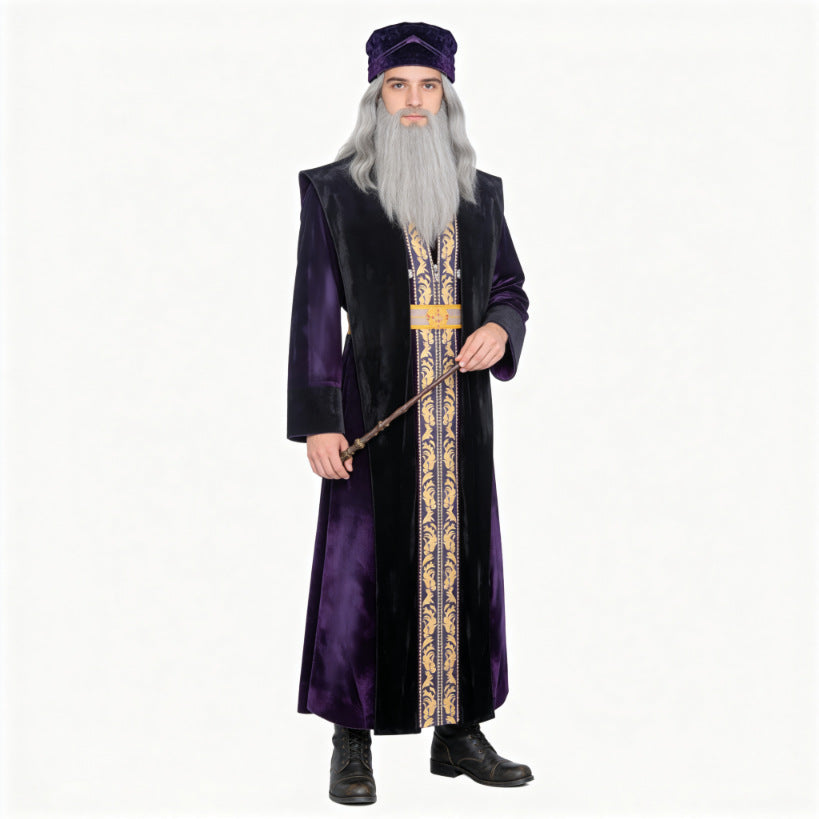 Old Wizard Costume for Kids and Adults, front view on a white background