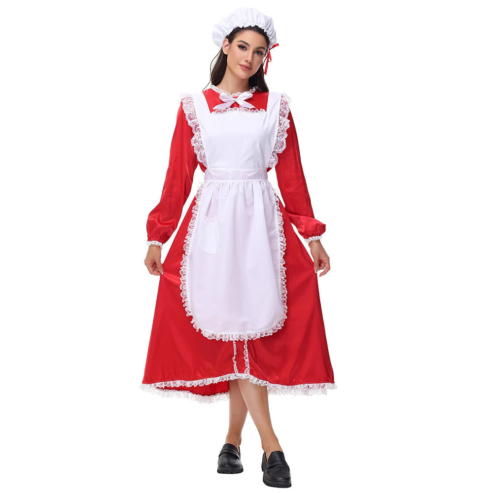 Christmas Maid Costume Women Red Long Dress Holiday Cosplay
