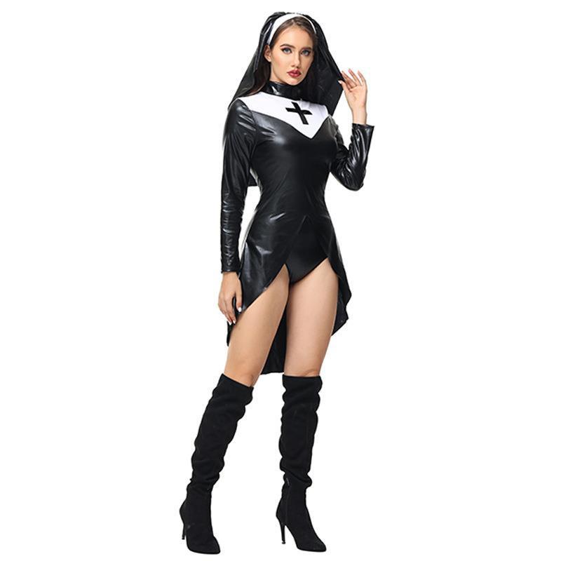 Cross Nun Nurse Patent Leather Costume for Women, product photo 6 on a white background