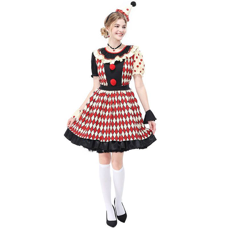 Checkered Clown Couple Costume for Kids and Adults, product photo 2 on a white background