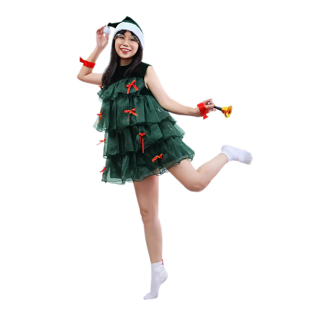 Christmas Sleeveless Green Cake Dress Cosplay Christmas Tree Festival Party Performance Costume Stage Wear for Women