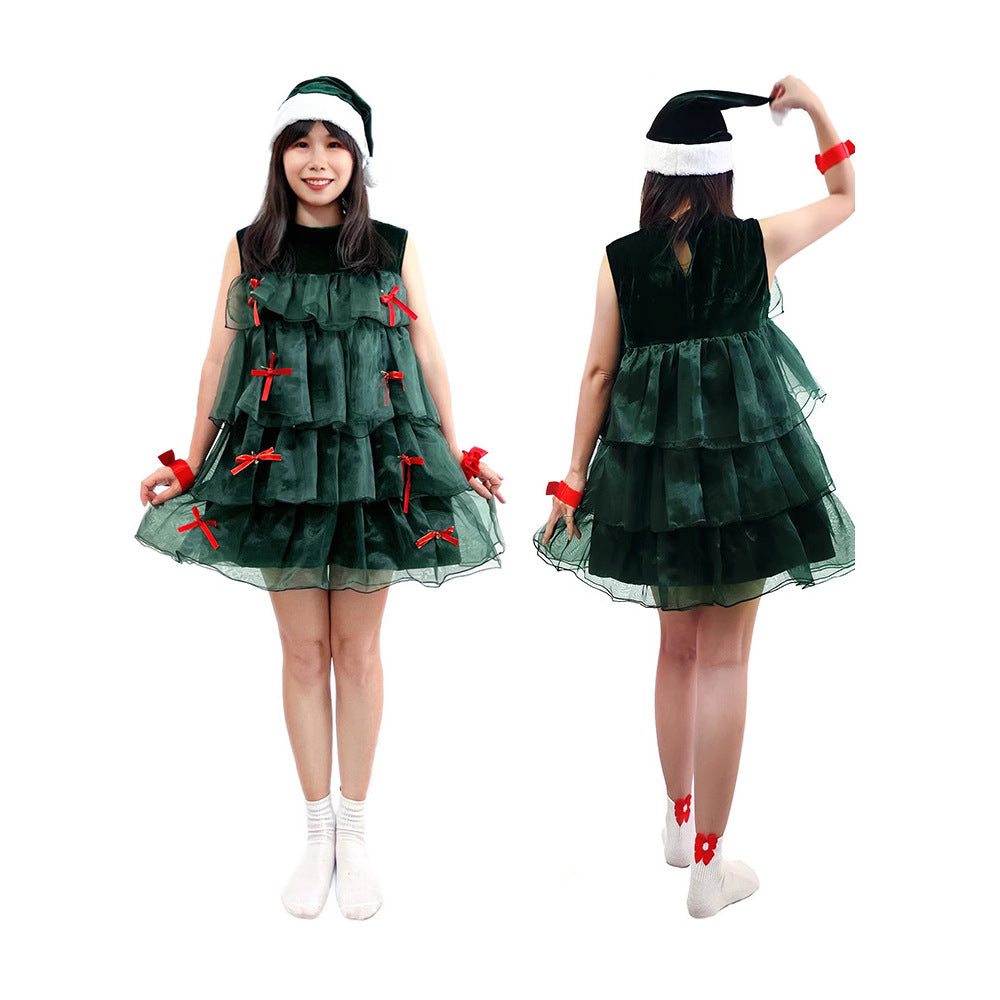 Christmas Sleeveless Green Cake Dress Cosplay Christmas Tree Festival Party Performance Costume Stage Wear for Women