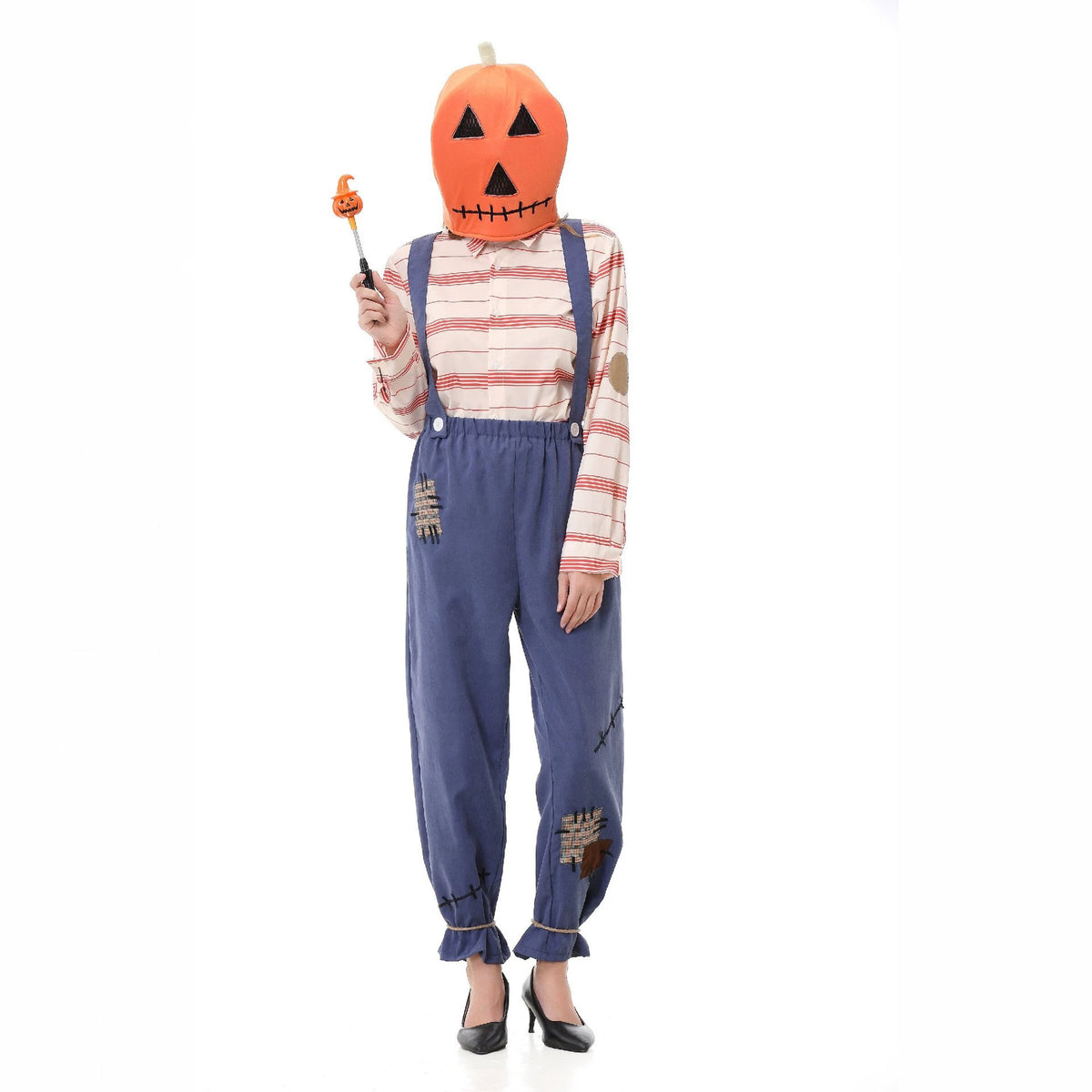 Pumpkin Zombie Scarecrow Overalls Costume for Kids and Adults, product photo 4 on a white background