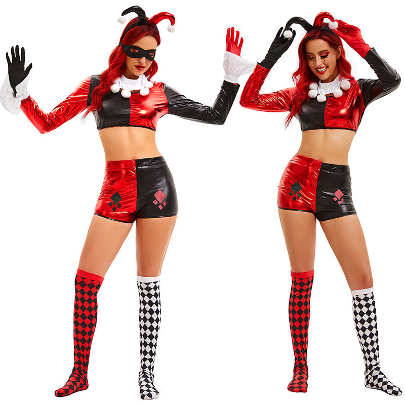 Sexy Jester Clown Costume Women Bodysuit Halloween Circus Black Red