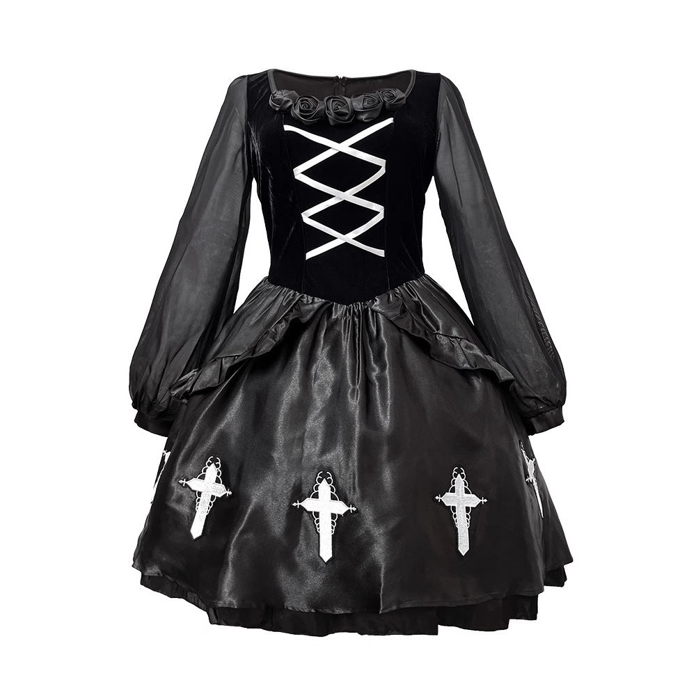 Gothic Ghost Bride Costume Women Black Witch Vampire Halloween Cosplay