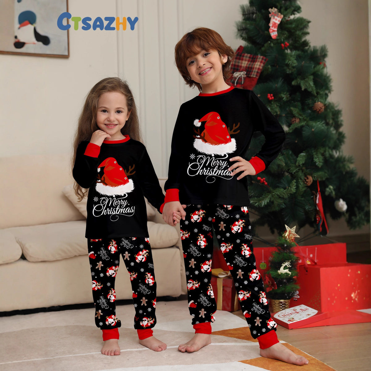 Family Christmas Matching Outfits  Black Pajamas with Reindeer Antler Letter Print and Santa Hat