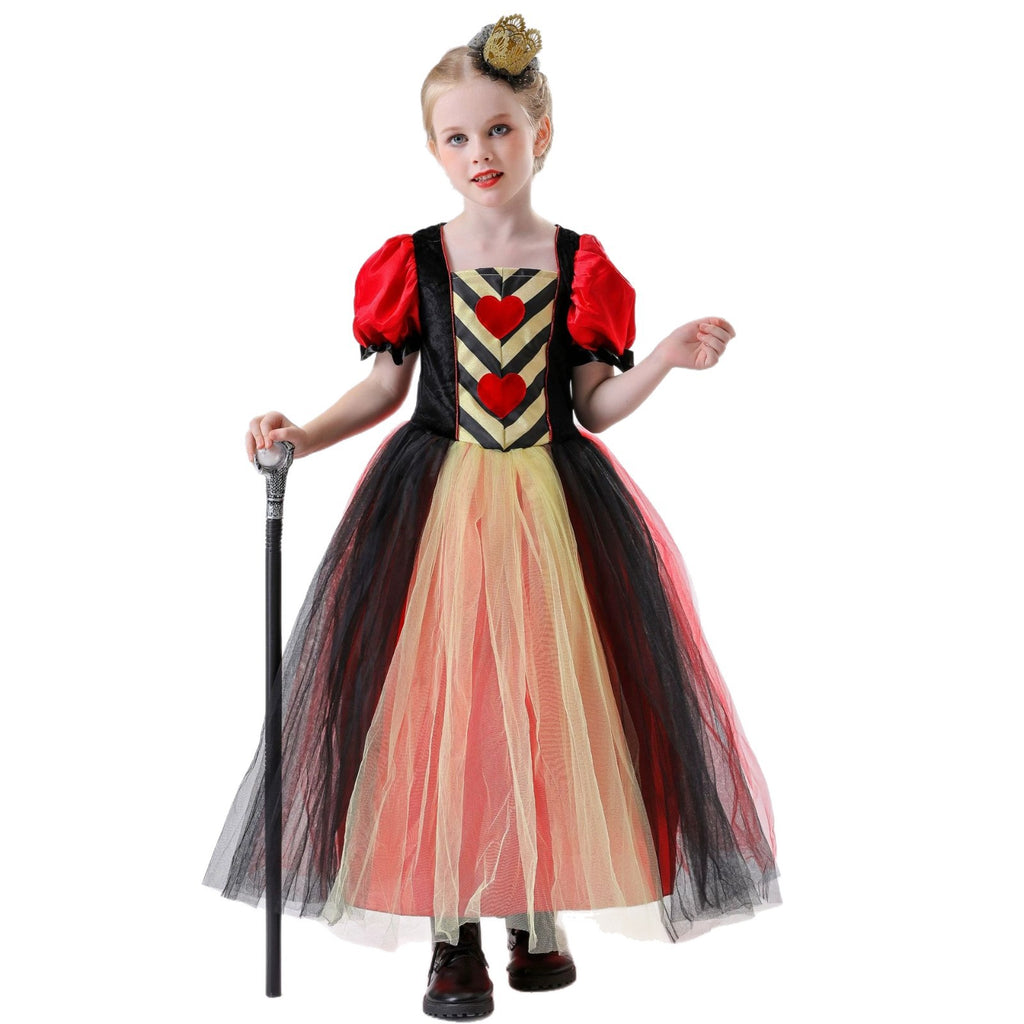 Red Queen Storybook Costume for Girls, front view on a white background