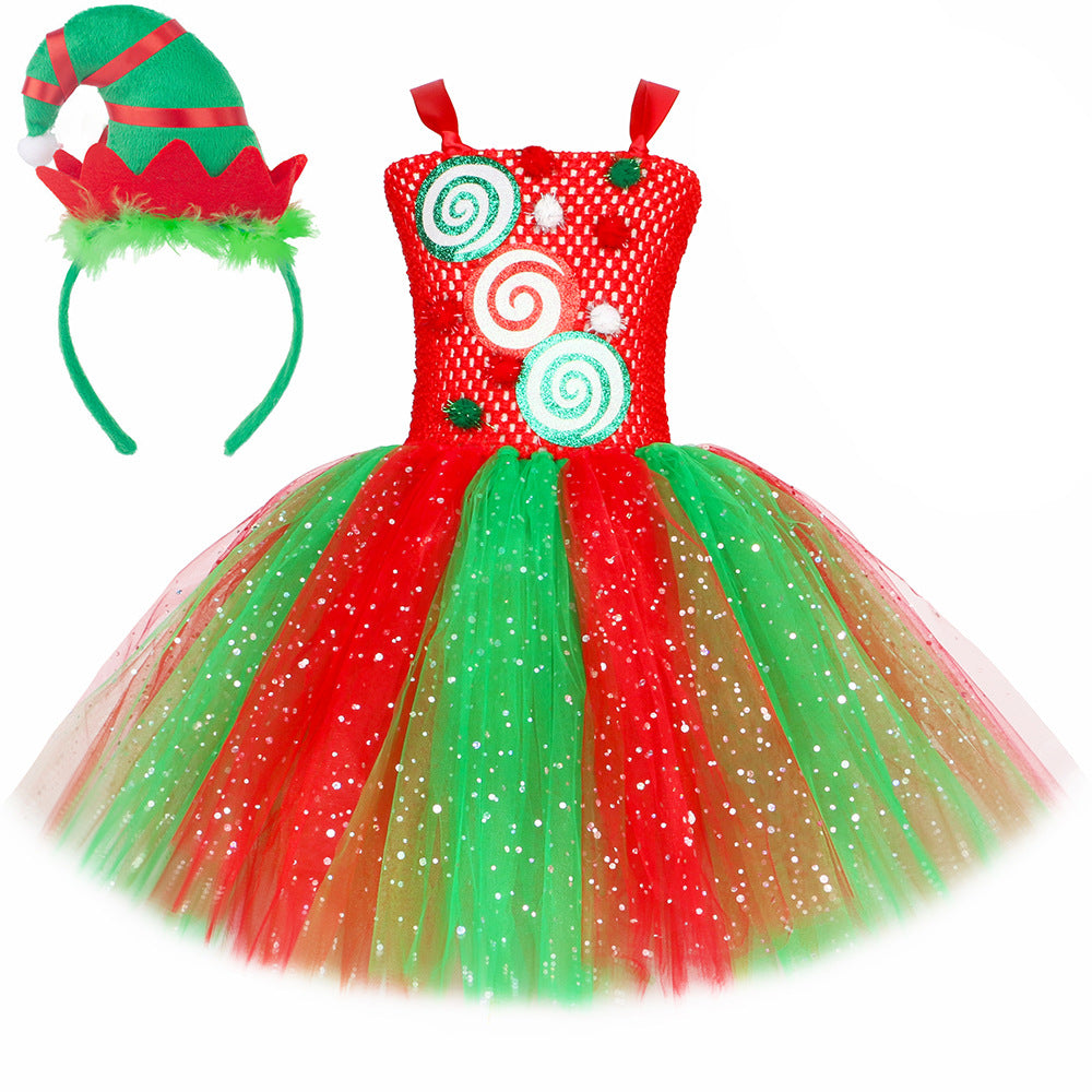 Christmas Elf Costume Girls Kids Red Green Candy Tulle Dress Holiday