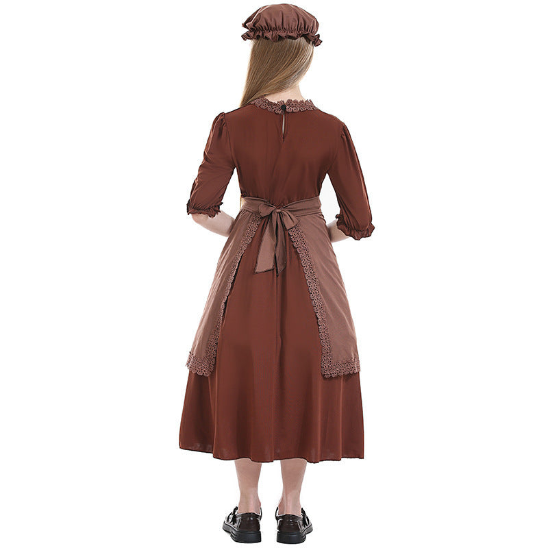Grandmother's Deep Brown Wolf Cosplay Maid Costume with Lace Trim, Colonial