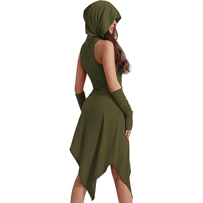 Medieval Hooded Gothic Steampunk Dress for Women, product photo 4 on a white background