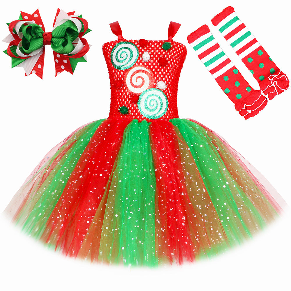 Christmas Elf Costume Girls Kids Red Green Candy Tulle Dress Holiday