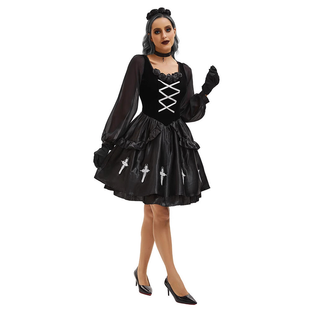 Gothic Ghost Bride Costume Women Black Witch Vampire Halloween Cosplay