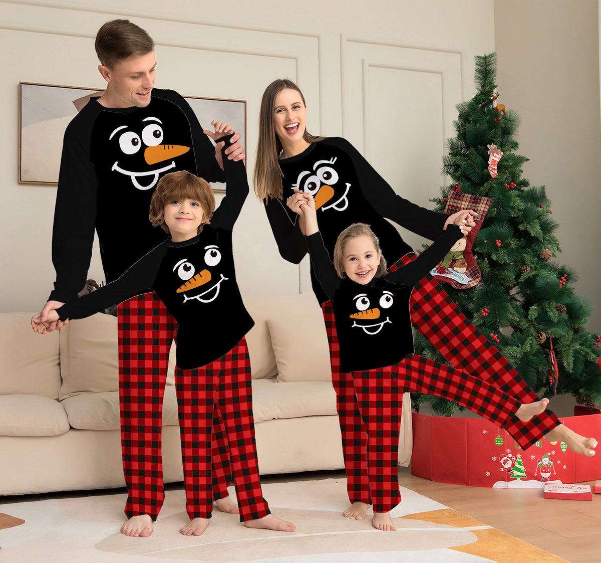 Cartoon Plaid Christmas Family Matching Pajamas Printed Loungewear Sleepwear