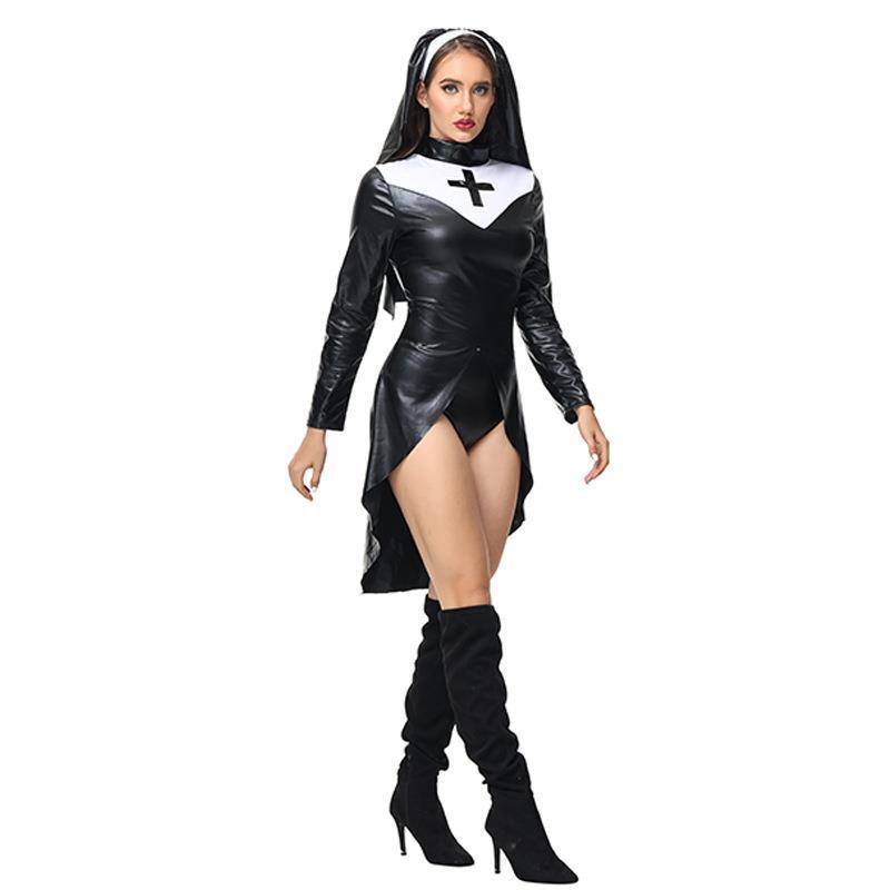 Cross Nun Nurse Patent Leather Costume for Women, product photo 2 on a white background