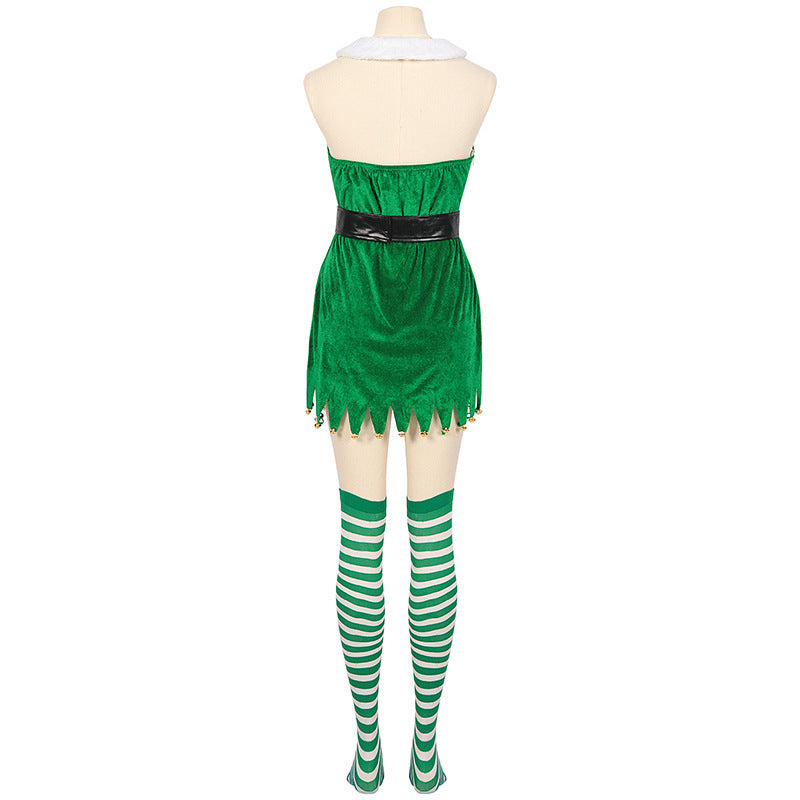 New Christmas Women's Green Bell Christmas Costume Performance Outfit Santa Claus Role-play Off-Shoulder Uniform