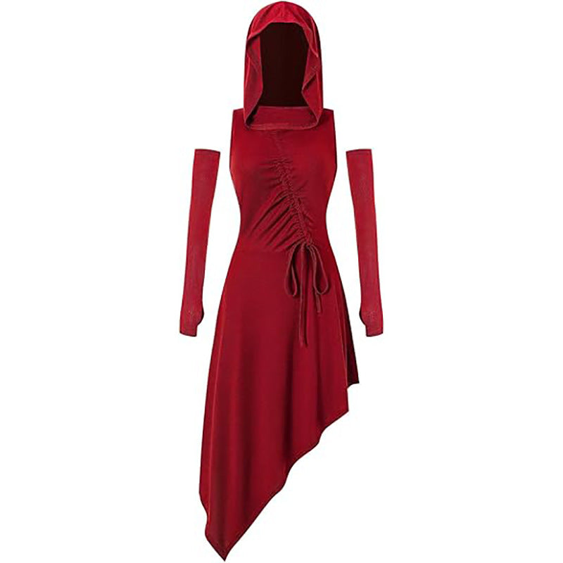 Medieval Hooded Gothic Steampunk Dress for Women, product photo 6 on a white background