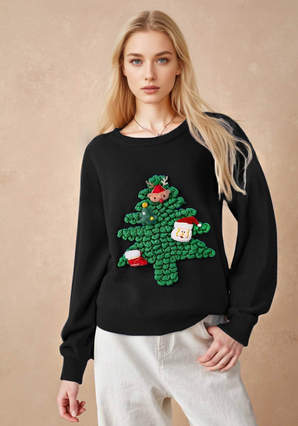 Round neck knitted sweater for women on Christmas Day