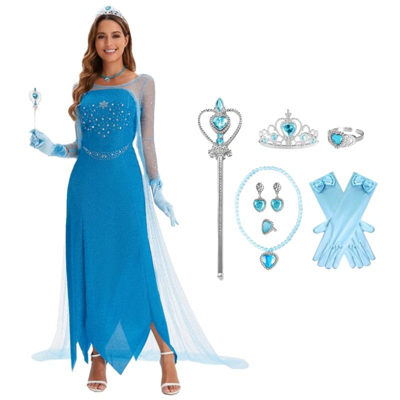 Frozen Elsa Costume Women Adult Blue Princess Dress Snow Queen Halloween Cosplay