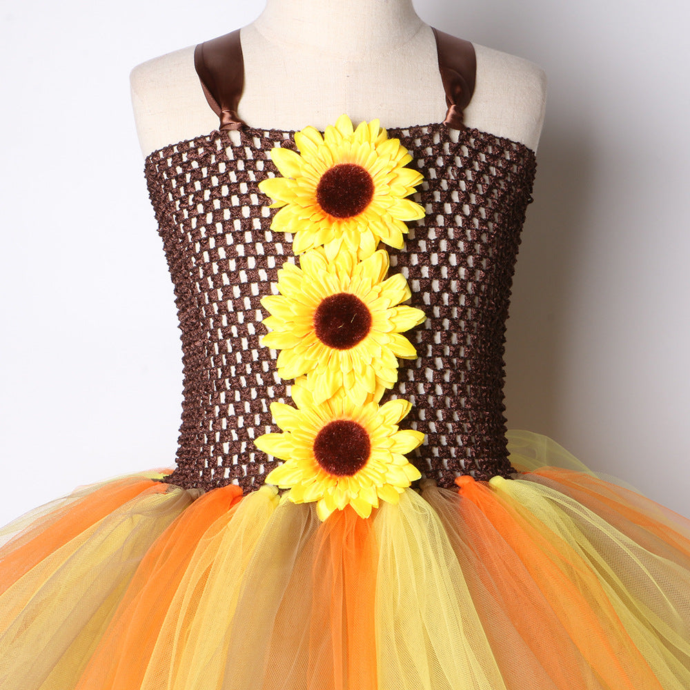 Sunflower Mesh Children's Dress Princess Tutu Dress Halloween Party Scarecrow