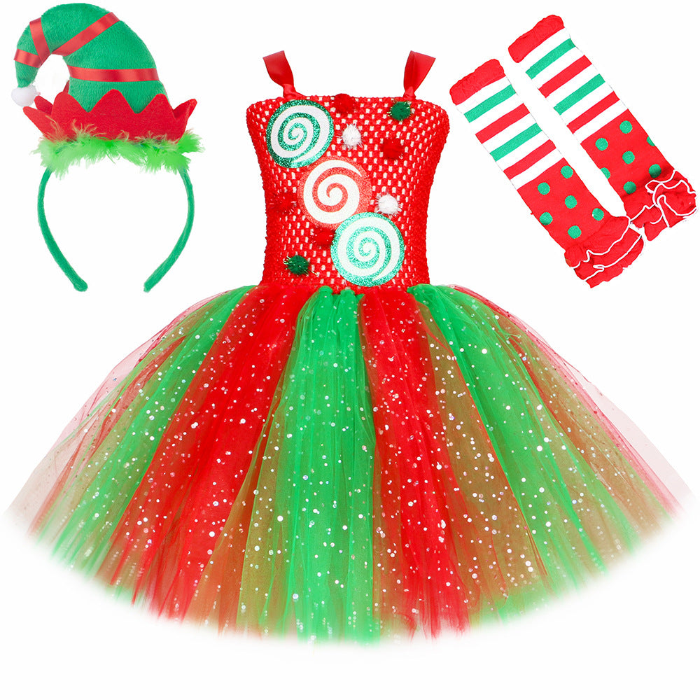 Christmas Elf Costume Girls Kids Red Green Candy Tulle Dress Holiday