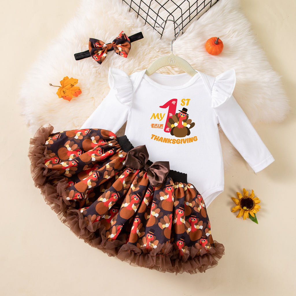 Children's Clothing Thanksgiving Girls Baby Dress Set Cartoon Turkey Long