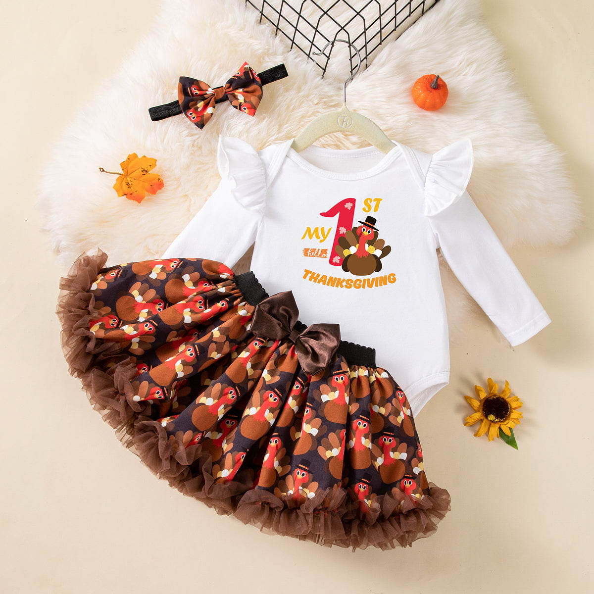 Children's Clothing Thanksgiving Girls Baby Dress Set Cartoon Turkey Long