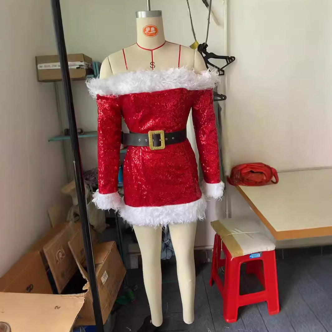 Christmas Red High-Waisted Faux Fur Costume Christmas Performance Outfit