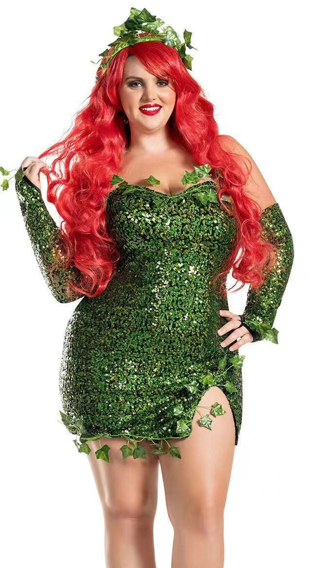 Leaf Sequin Dance Costume Women Dress Halloween Cosplay Green – Green