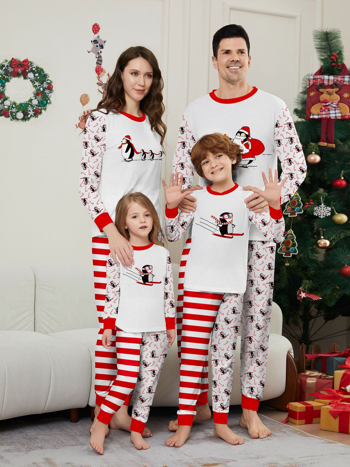 Christmas Penguin Candy Cane Stripe Printed Family Matching Pajamas Sleepwear