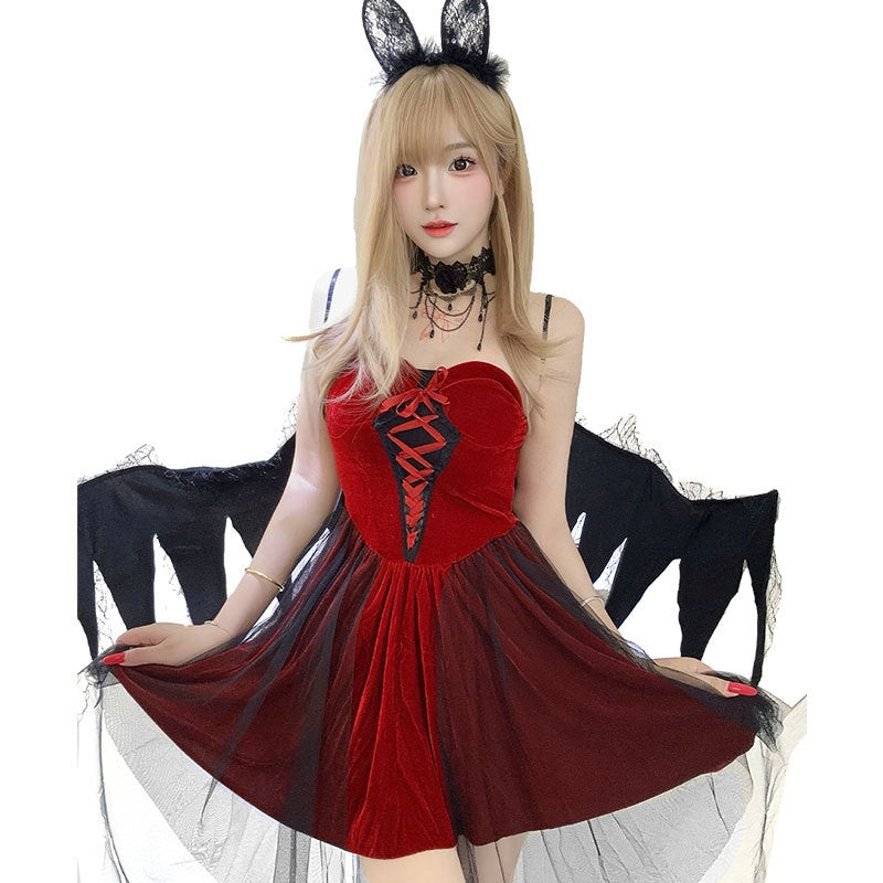 Red Angel Demon Costume Women Gothic Vampire Dress Halloween Cosplay – Red
