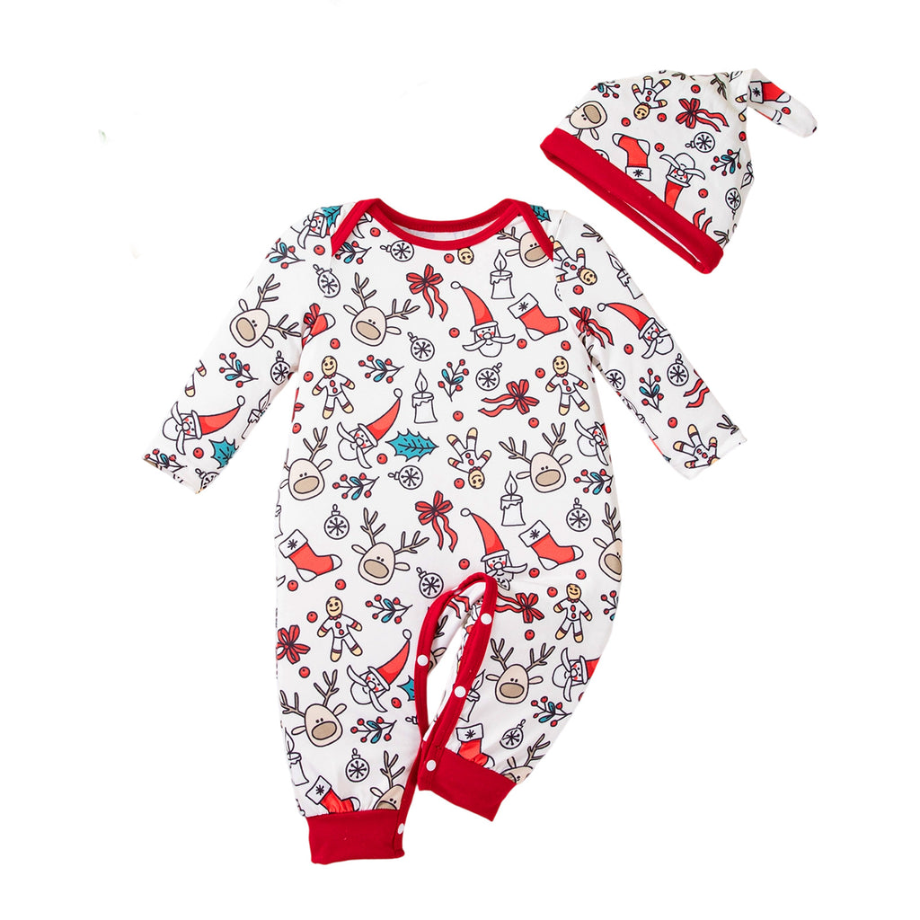 Christmas Children's Long Sleeve Baby Onesie with Hat Set, Full Print Christmas Elements Baby Romper, Holiday Outfit