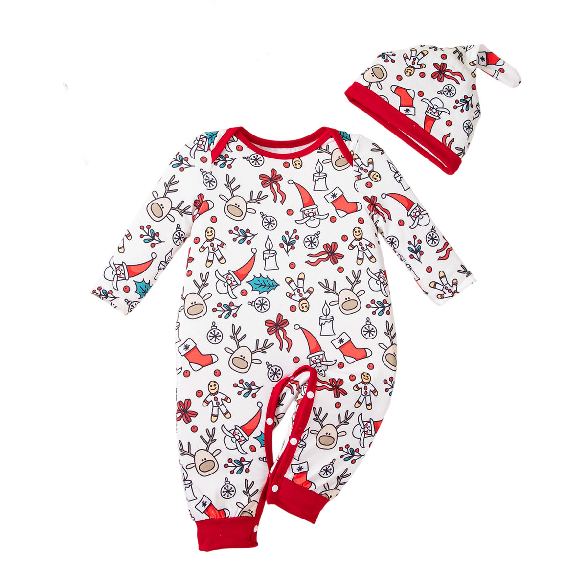 Christmas Children's Long Sleeve Baby Onesie with Hat Set, Full Print Christmas Elements Baby Romper, Holiday Outfit