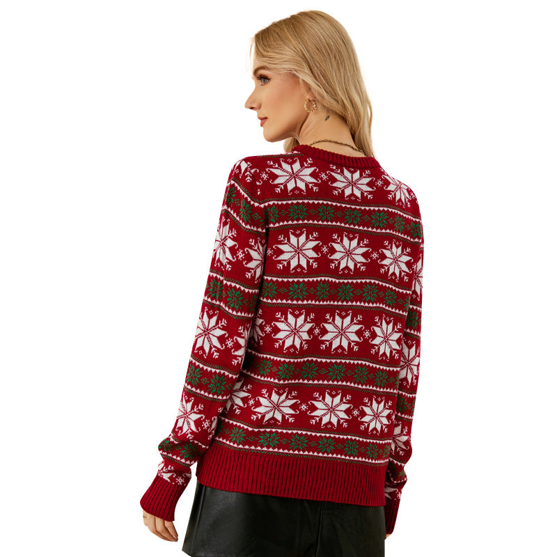 Round neck Christmas red knit sweater Christmas outfit Long sleeved snowflake Christmas sweater