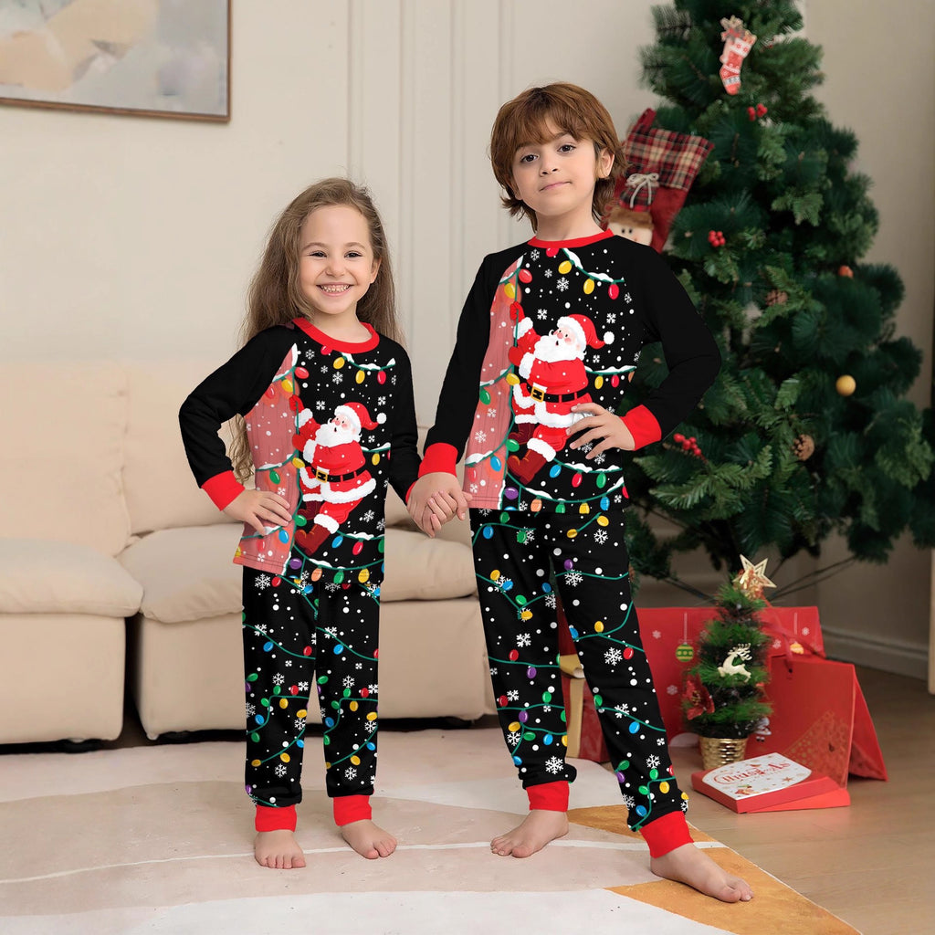 Family Christmas Pajamas  Black Printed Home Wear with Light-Up Design, Matching Parent-Child Outfits