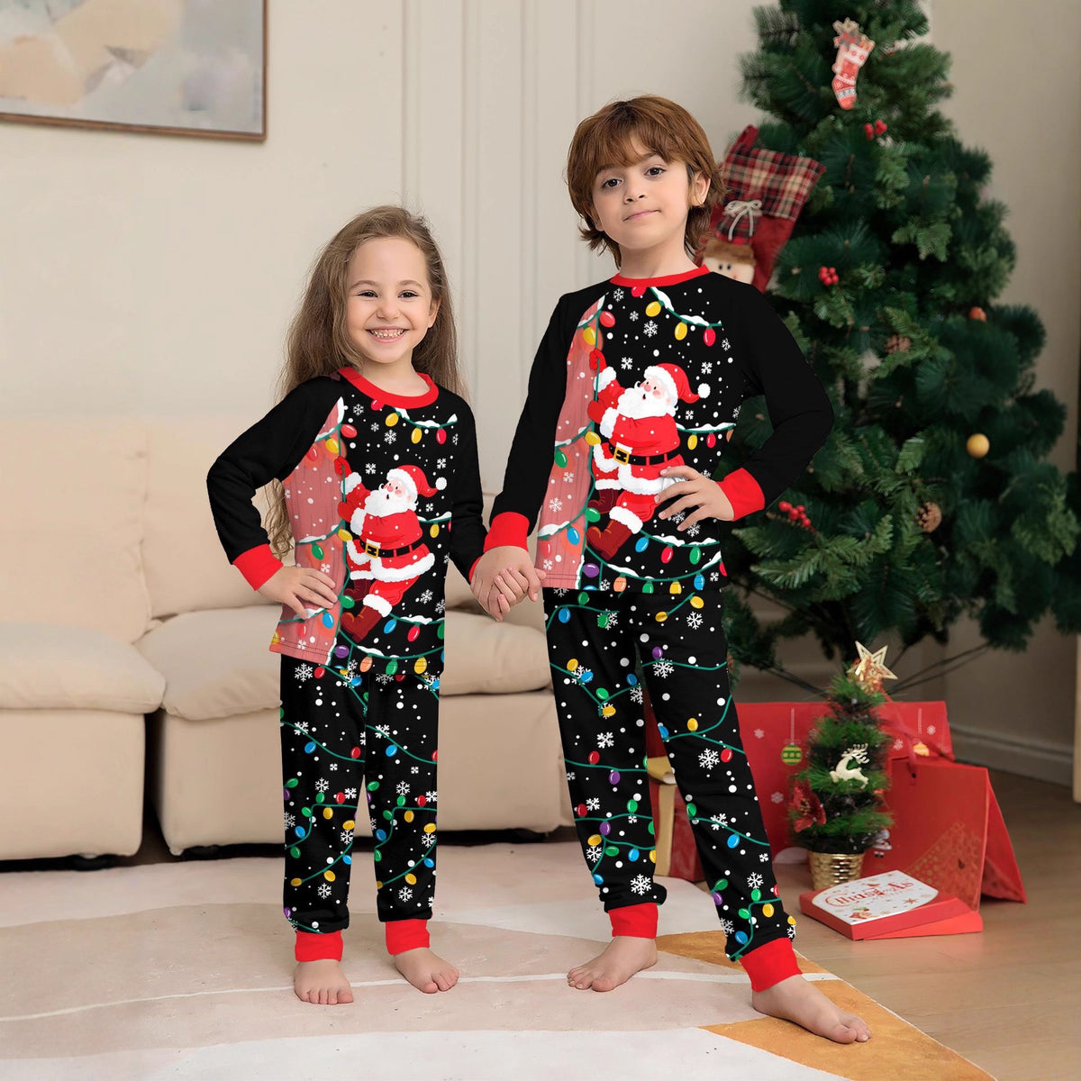 Family Christmas Pajamas  Black Printed Home Wear with Light-Up Design, Matching Parent-Child Outfits