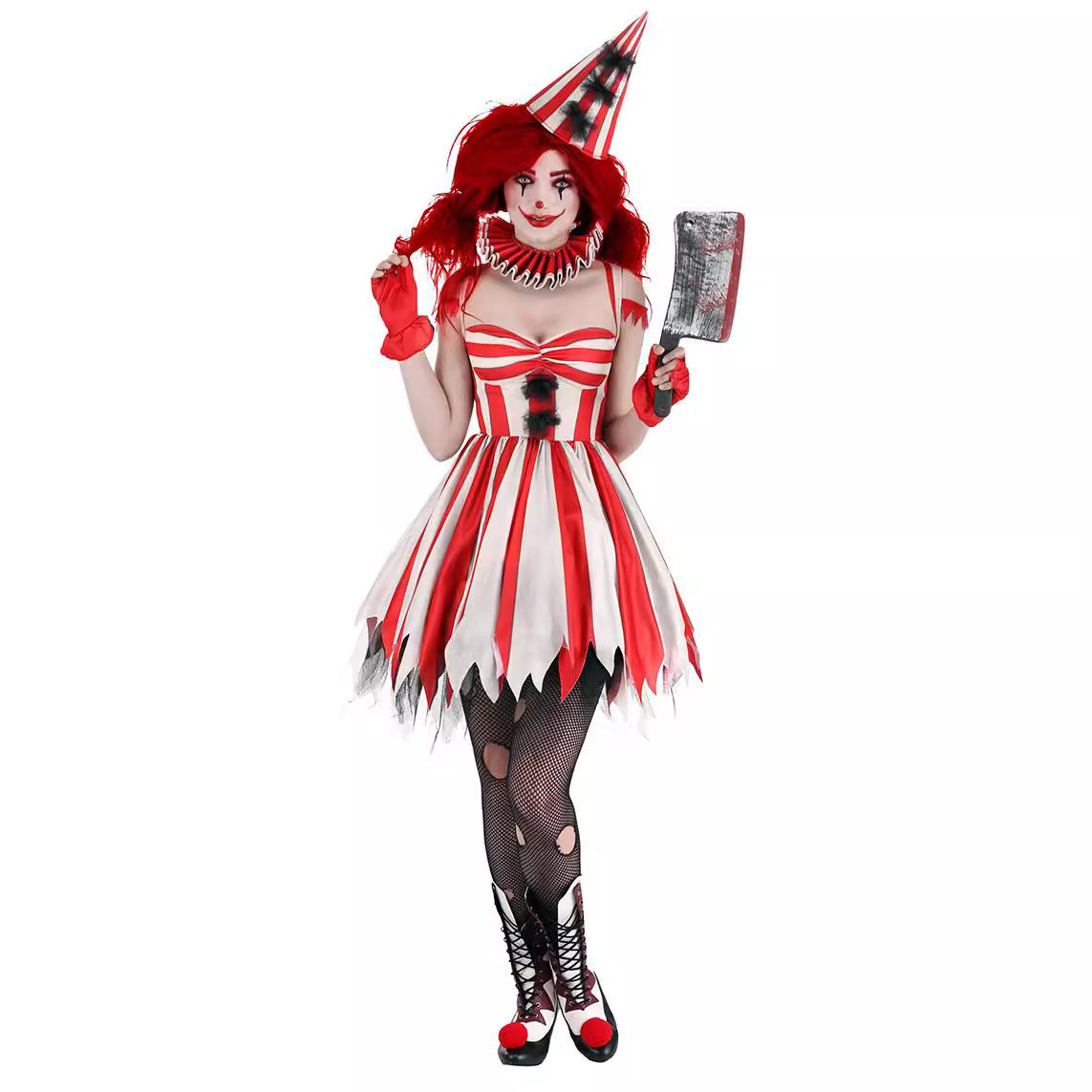 Psycho Circus Clown Costume for Women, front view on a white background