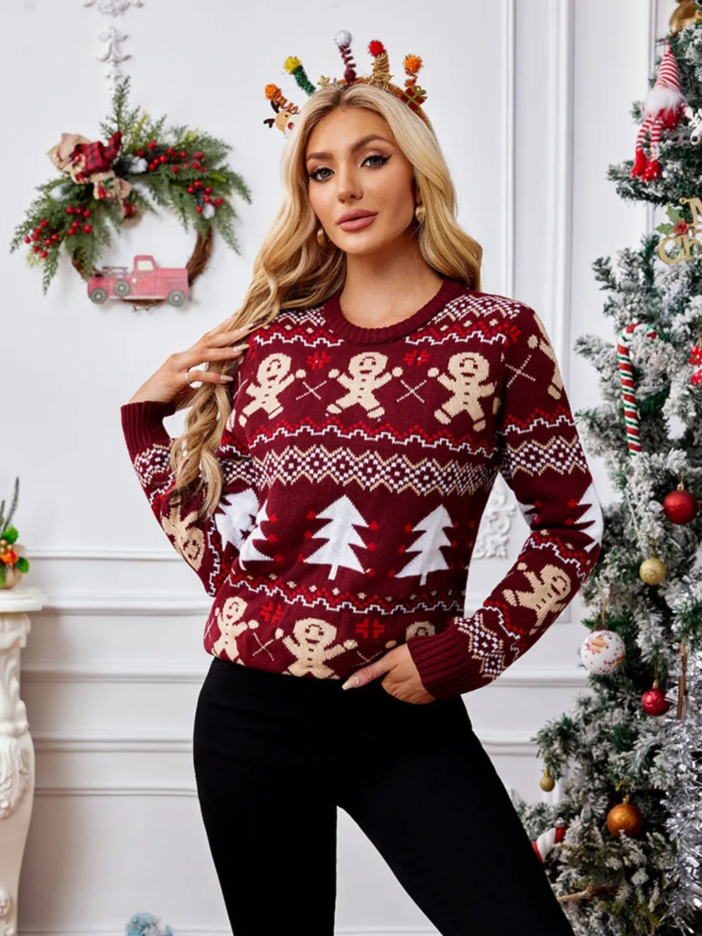 Gingerbread man jacquard long sleeved sweater pullover casual top