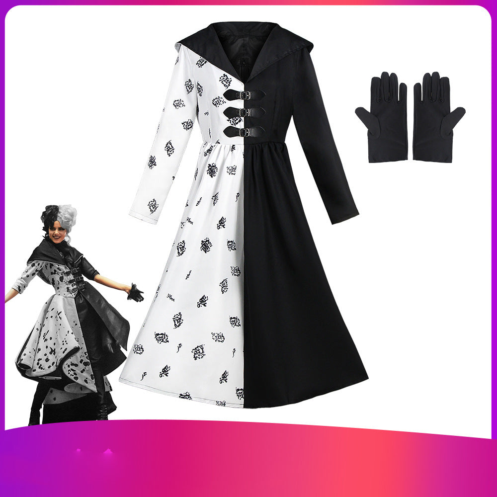 Cruella de Vil Costume Women Black White Dress 101 Dalmatians Halloween Cosplay