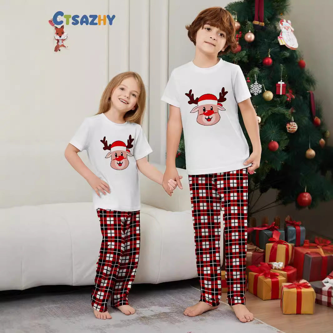 Christmas Deer Plaid Short Sleeve Family Matching Pajamas Sleepwear Set