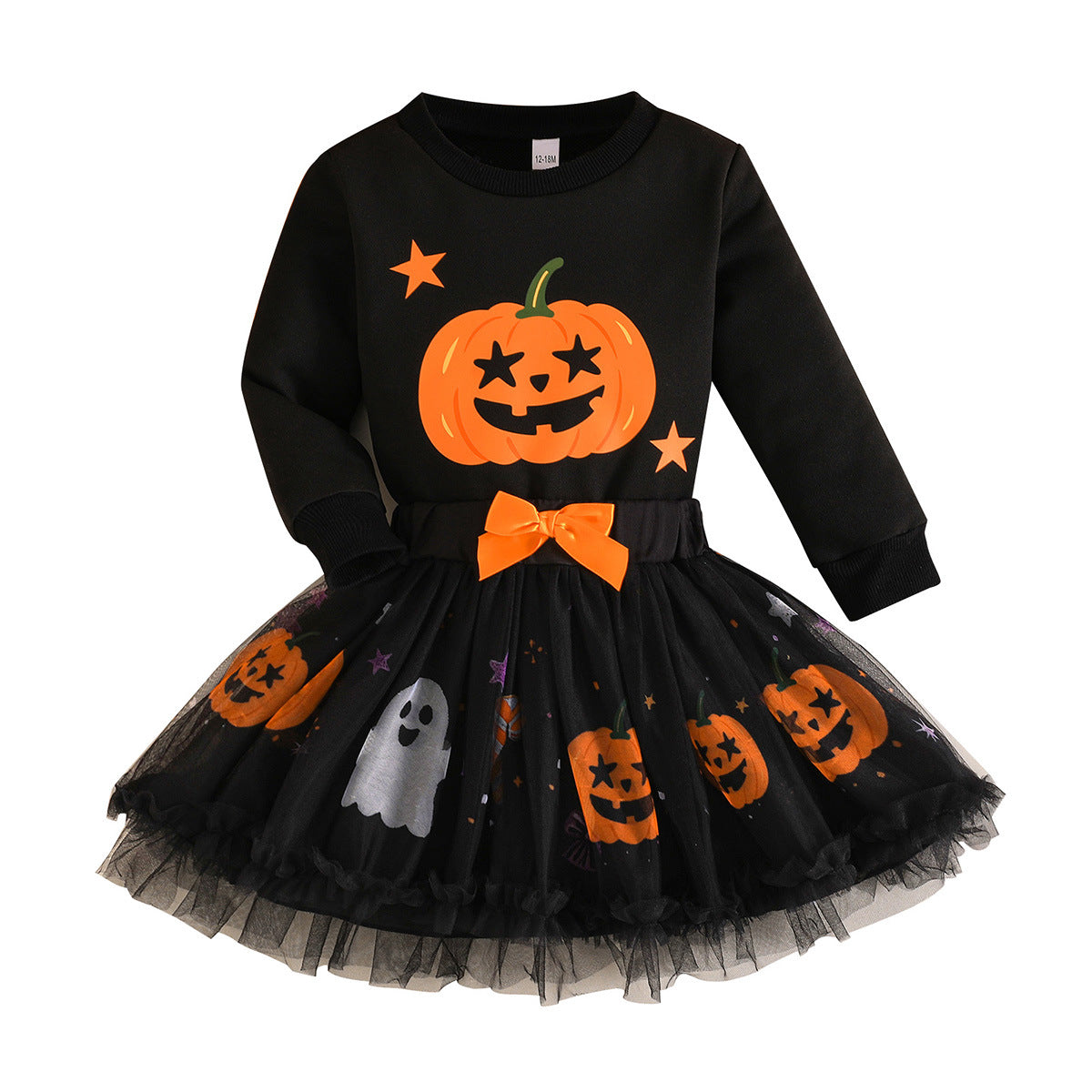 Pumpkin Hoodie Ghost Mesh Skirt Costume for Girls, front view on a white background