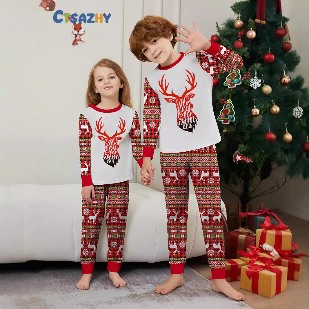 Christmas Deer Letter Snowflake Print Matching Family Pajamas Sleepwear European and American Style