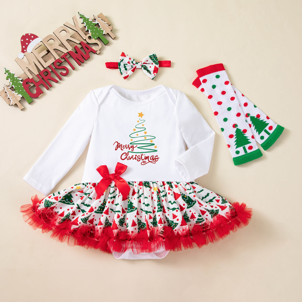 Christmas Children's Clothing Printed Christmas Theme Baby Girl Party Dress 3-Piece Set
